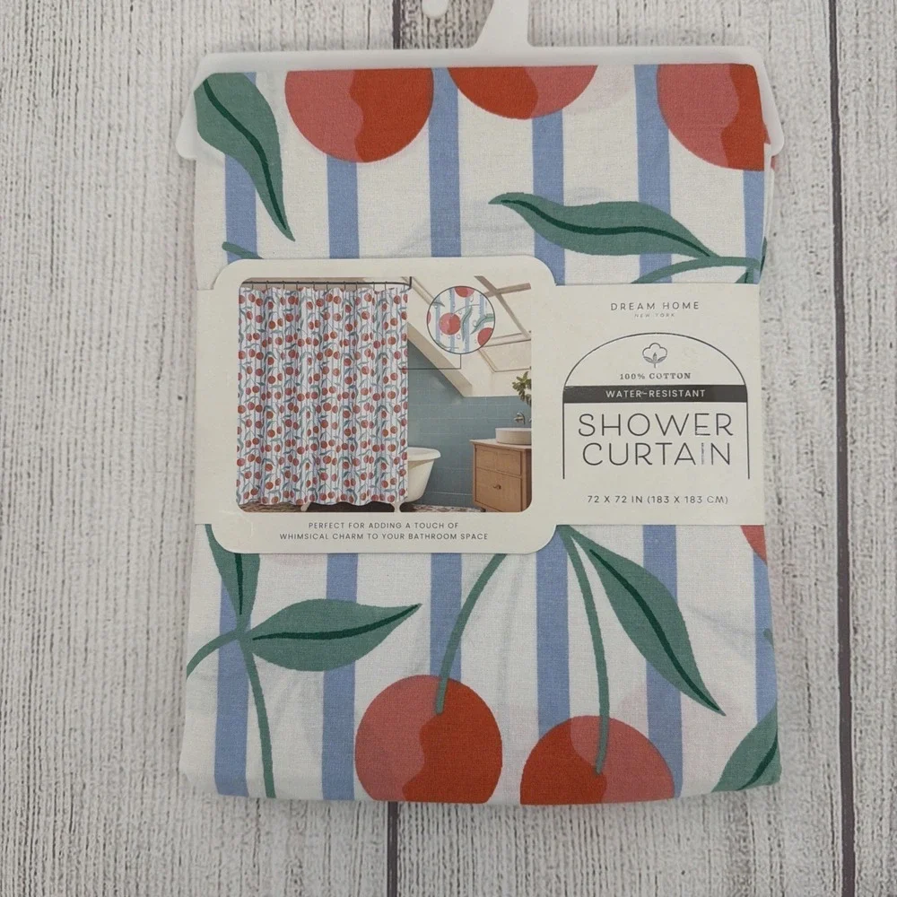 Whimsical Cherries Shower Curtain White Blue Stripe 100% Cotton Dream Home